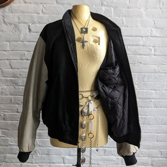 Vintage Jackets & Blazers - Vintage Black Leather Bomber Suede Varsity Jacket Letterman Colorblock Large